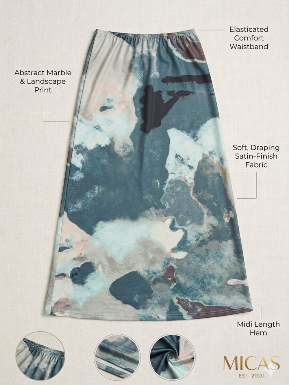 Micas Teal Abstract Marble Midi Skirt